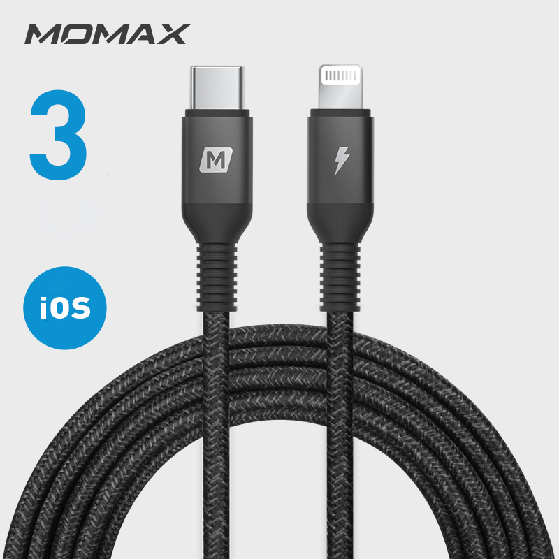 MOMAX 3m Type-C a Mfi Certificado Cable Cable de Datos de 8pin Entrega de Alimentación PD Cable de Cargador Rápido - Negro