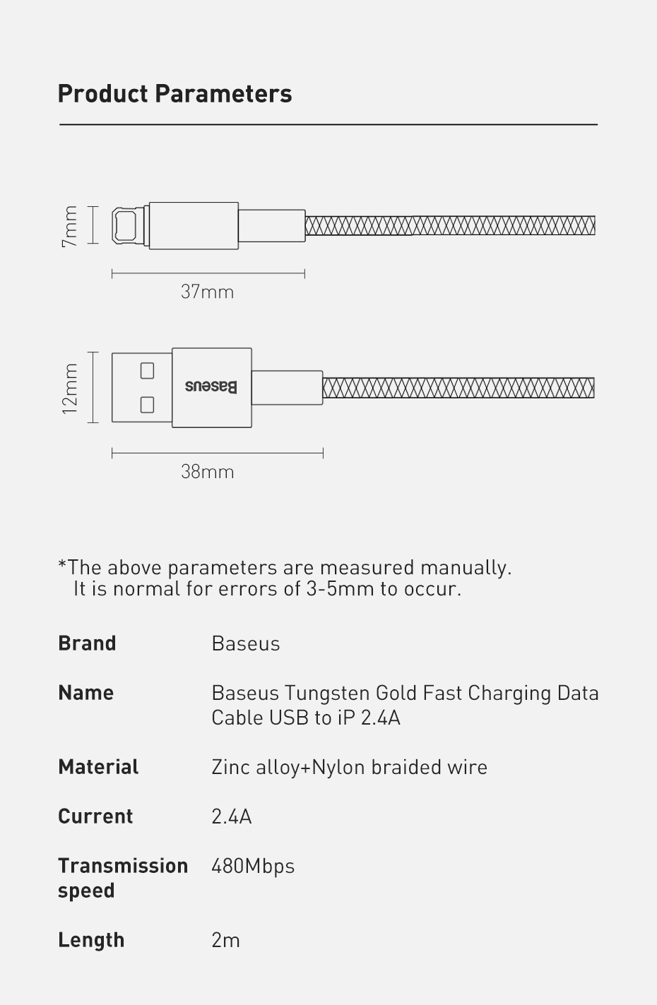 Basis Tungsten Gold Serie 2M 2.4A USB Bis Blitz 8Pin Kabel -ladedatenübertragungskabel - Schwarz