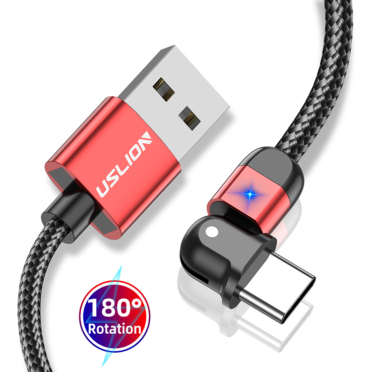 USLION 3A USB a Type-C 180 ° Codo Giratorio Cable de Carga Rápida Cable de Datos, 2m - Violeta