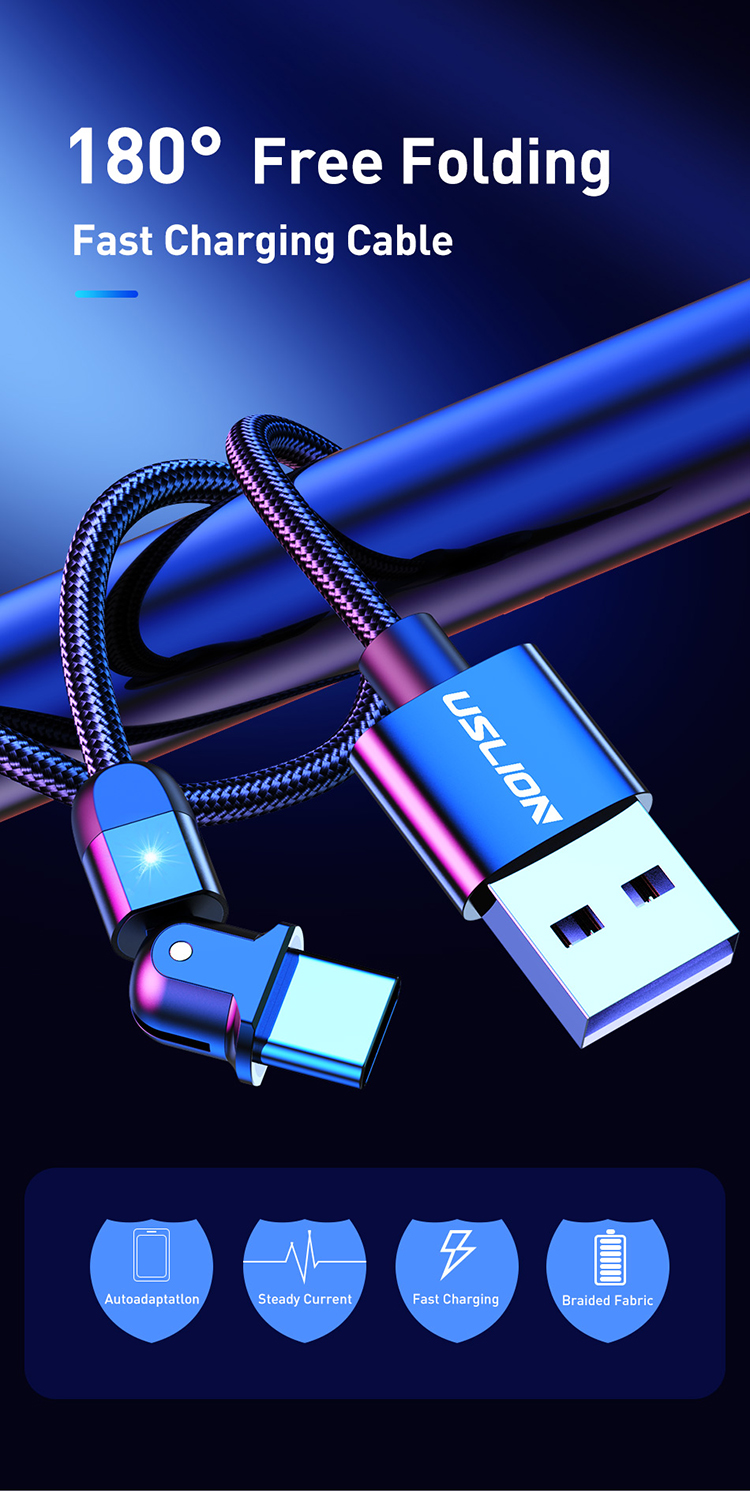 USLION 3A USB до Типа c 180 ° Вращающийся Локоть - Черный