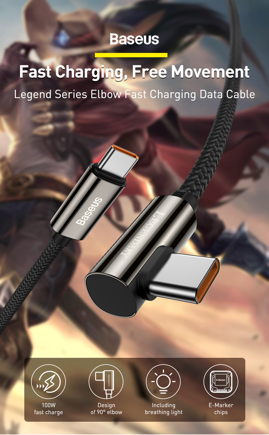 Baseus Legend Series Codo Cable de Carga Rápida Cable Tipo-c a Tipo c 100W 1m Negro