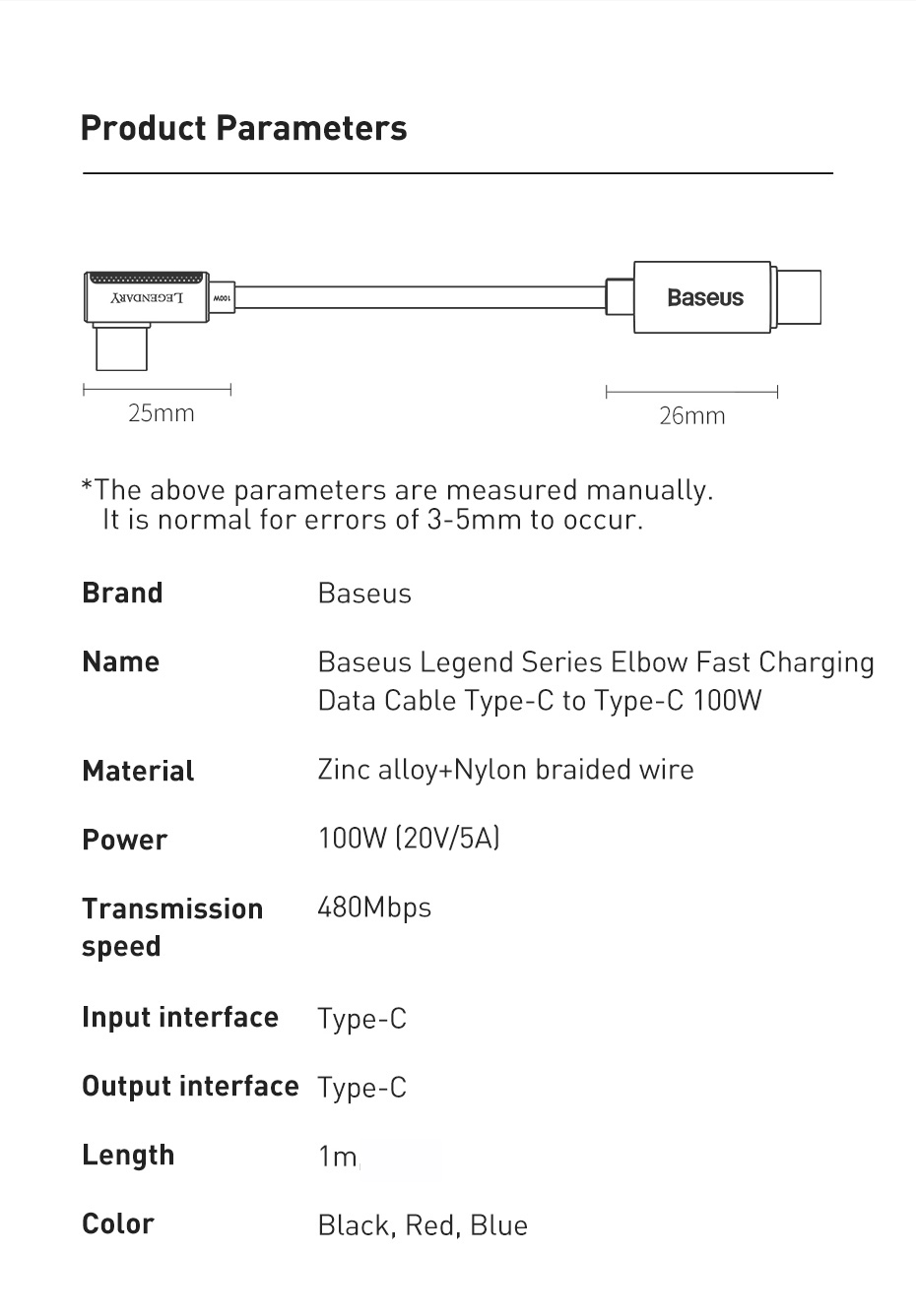 Baseus Legend Series Elbow Fast Charging Data Cable Cable-c to Type-c 100W 1m Noir