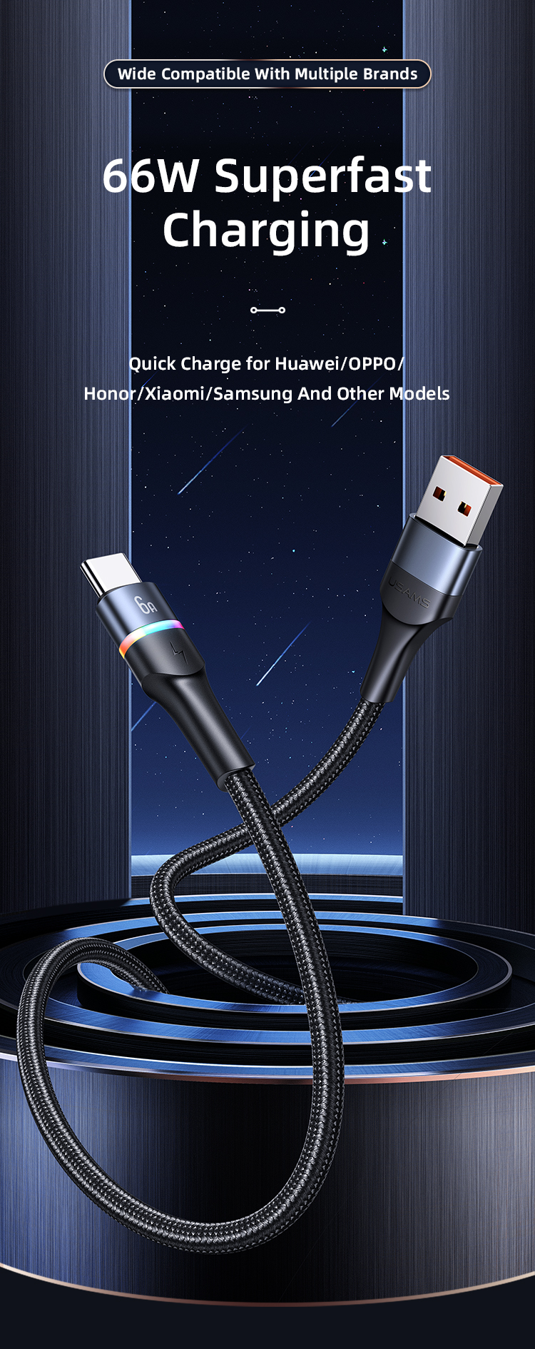 USAMS US-SJ537 U76 Светодиодный Световой Свет USB USB Type-C 66W 6A 6A Кабель Передачи Данных 1,2 м. - Черный