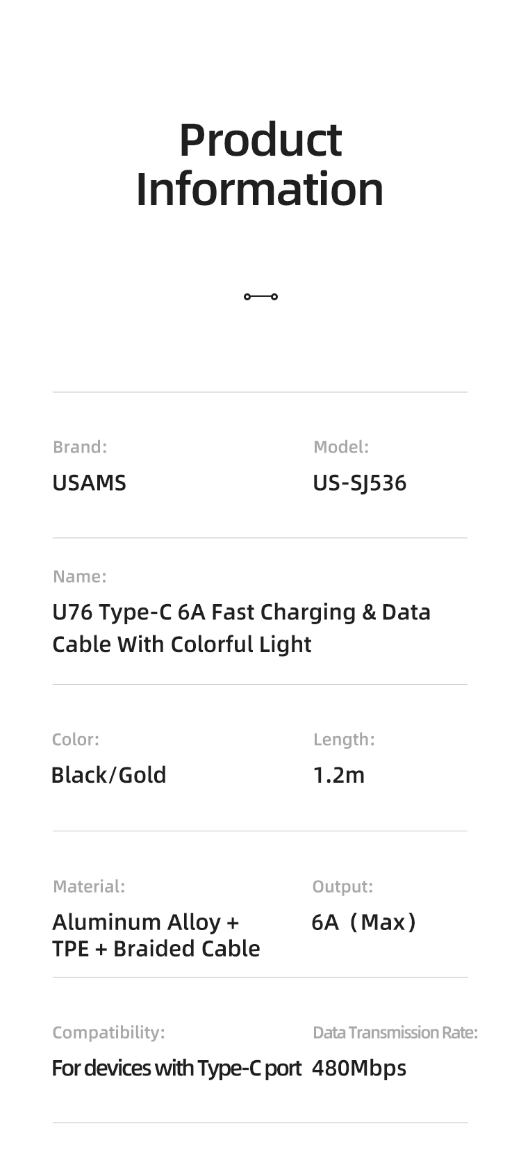 USAMS US-SJ537 U76 Светодиодный Световой Свет USB USB Type-C 66W 6A 6A Кабель Передачи Данных 1,2 м. - Черный