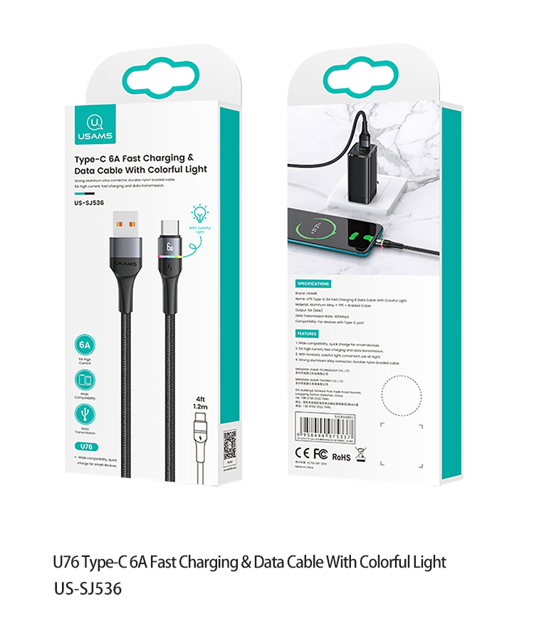 USAMS US-SJ537 U76 Светодиодный Световой Свет USB USB Type-C 66W 6A 6A Кабель Передачи Данных 1,2 м. - Черный