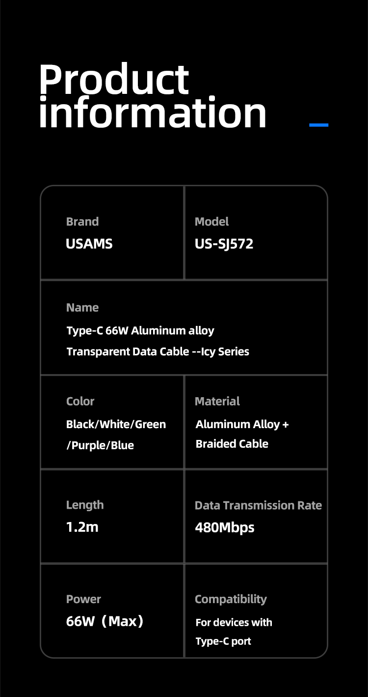 USAMS US-SJ572 Icy Series Series Type-C 66 вт Быстро Зарядка Алюминиевый Сплав Прозрачный Кабель Данных, 1,2 Млн. - Черный