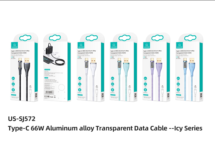 USAMS US-SJ572 Icy Series Series Type-C 66 вт Быстро Зарядка Алюминиевый Сплав Прозрачный Кабель Данных, 1,2 Млн. - Черный