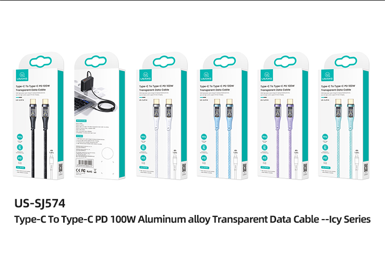 USAMS US-SJ574 Icy-serie Typ-c zu Typ-c PD 100W Aluminiumlegierung Transparentes Datenkabel, 1,2m - Blau