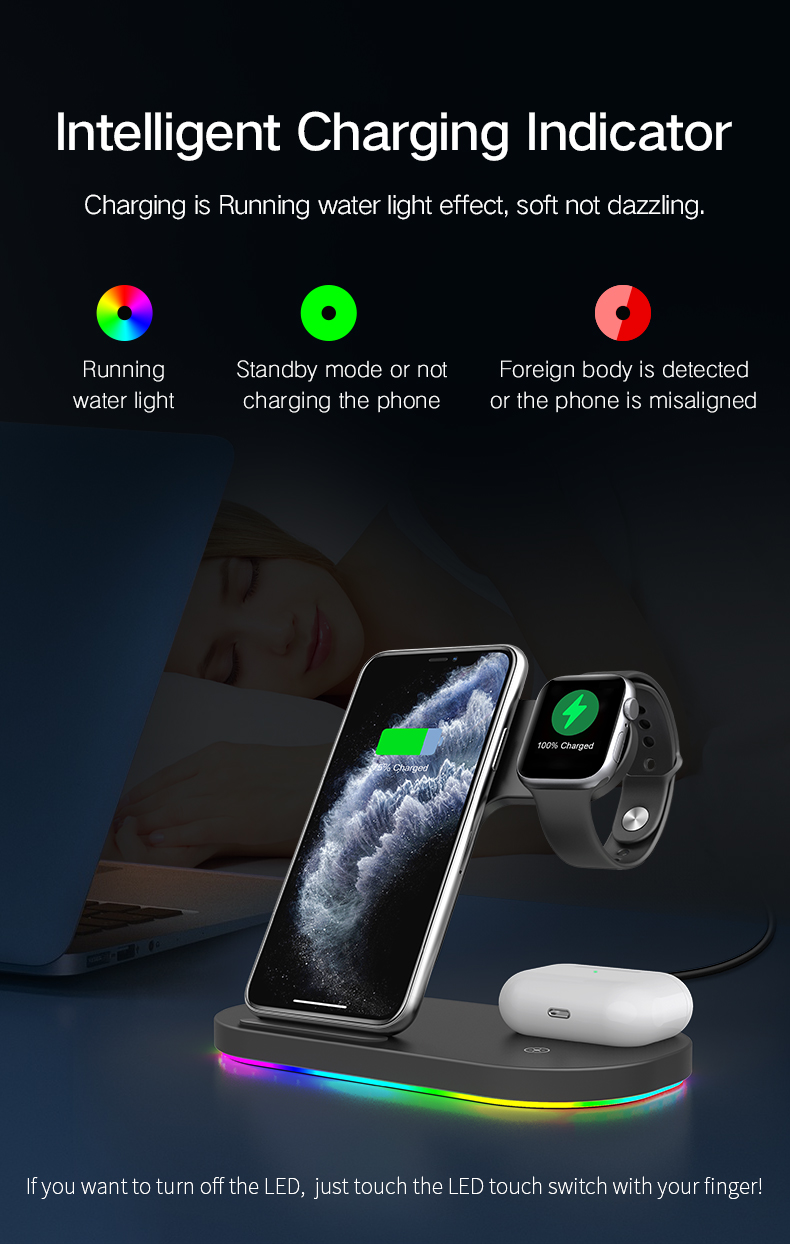 3 in 1 15W Fast Charging Qi Wireless Charger Stand for Apple iPhone iWatch Airpods Headphone - White