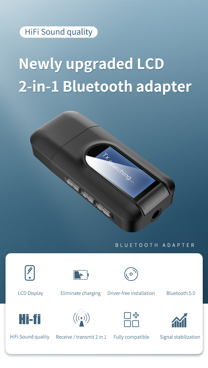 RT11 Adaptador de Audio USB 2-in-1 Bluetooth 5.0 Transmisor y Receptor Con Pantalla LCD