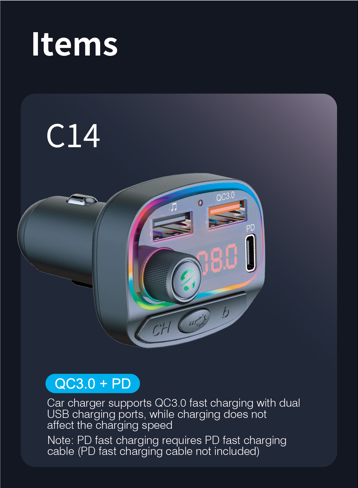 C14 Colorful Light Dual USB Car Bluetooth MP3 Music Player FM QC3.0 PD Fast Speed ​​téléphone Charger