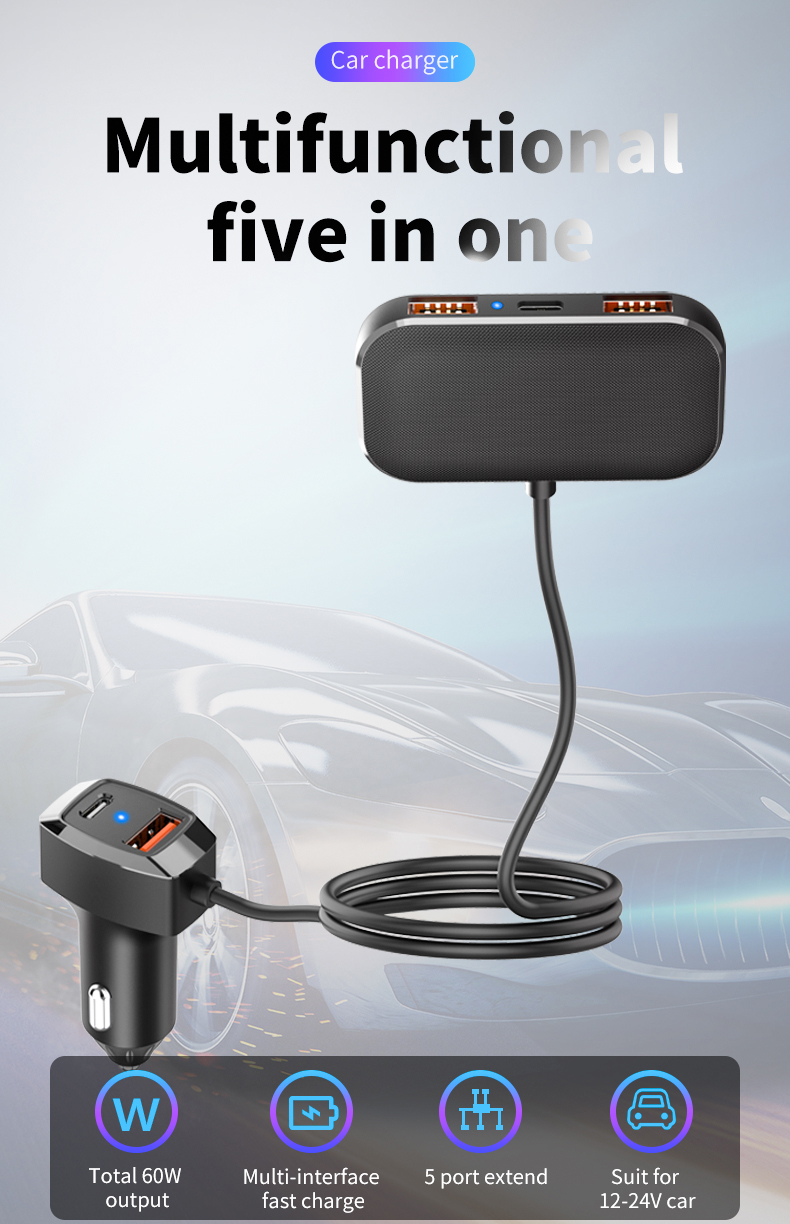 SC02M 5 Puertos Usb+tipo-c el Adaptador de Carga Rápida de Cargador Posterior Cargador de Automóvil Con Cable de Extensión