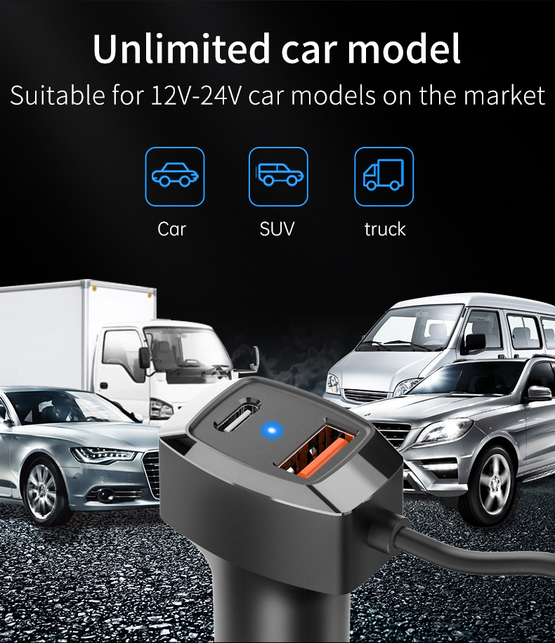 SC02M 5 Ports Usb + Type-c Adaptateur de Charge Rapide Clip de Conception Clip de Conception Chargeur de Voiture Avec Rallonge