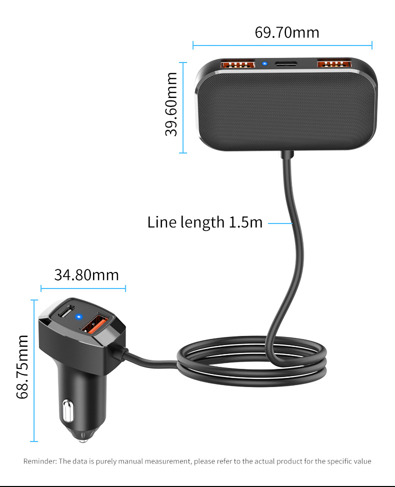 SC02M 5 Ports USB+Type-C Caricatore Auto Design Adapter Adapter Adapter Clip Con Cavo di Prolunga