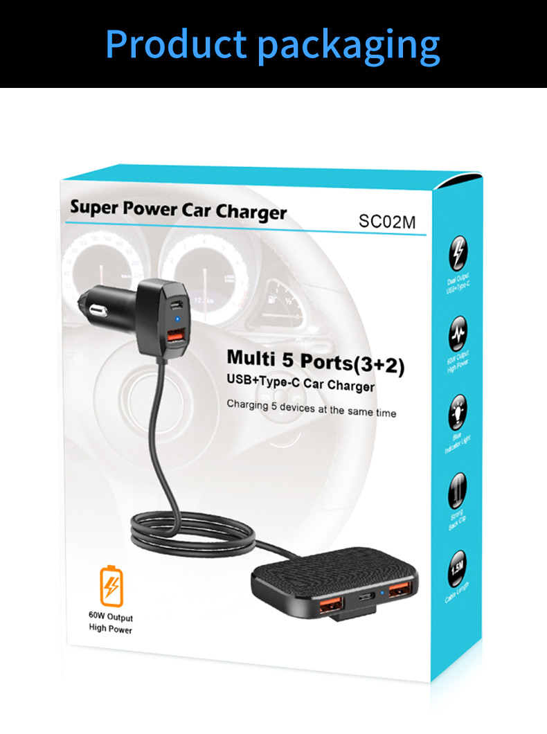 SC02M 5 Puertos Usb+tipo-c el Adaptador de Carga Rápida de Cargador Posterior Cargador de Automóvil Con Cable de Extensión