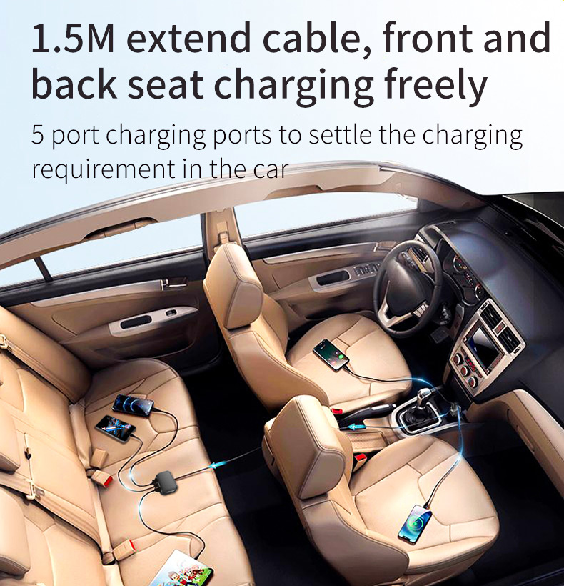 SC02M 5 Ports Usb+tipo c Adaptador de Carregamento Rápido Carregador de Carros de Design de Clipe Com Extensão