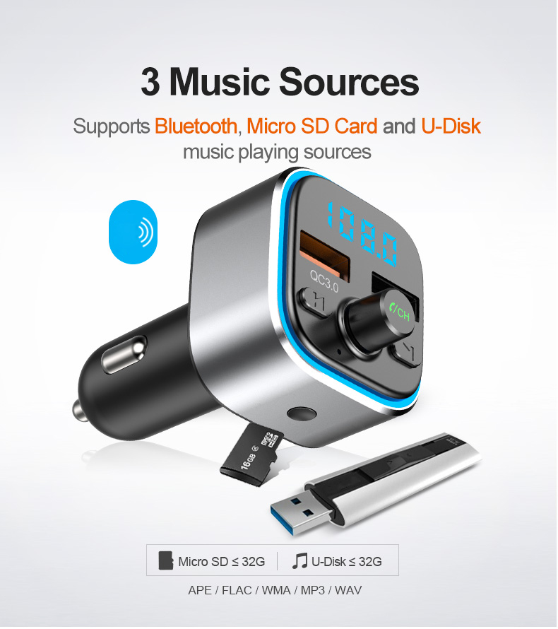 T32 Car MP3 Bluetooth Player QC3.0 Caricatore di Auto Veloci