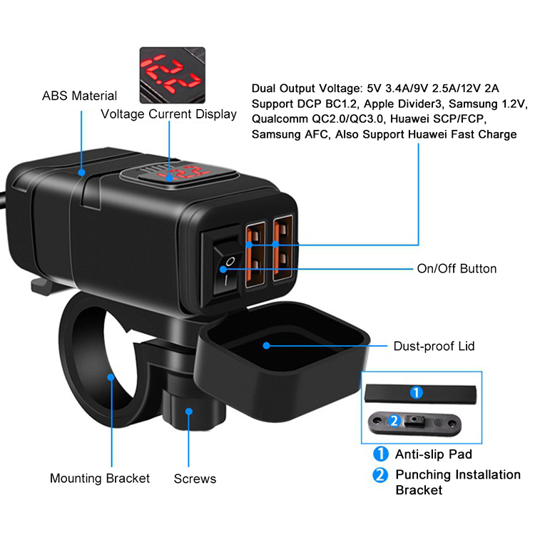 Motocicleta Wupp Motocicleta Dune Carrege de Telefone USB do Tela de Adaptador de Adaptador de Adaptador de Adaptador Voltímetro de Fonte de Alimentação - Azul