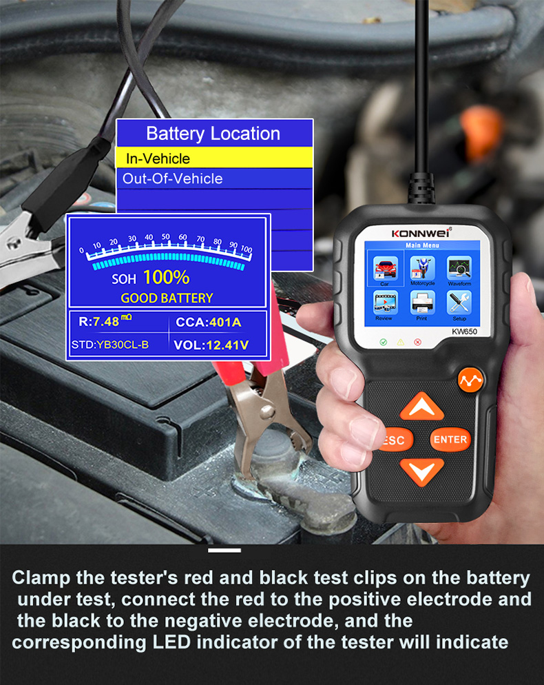 Konnwei KW650 6-12V Auto Motorrad Batterie Tester Lade-cranking-testwerkzeug Batterieanalysator 100 Bis 2000 Cca