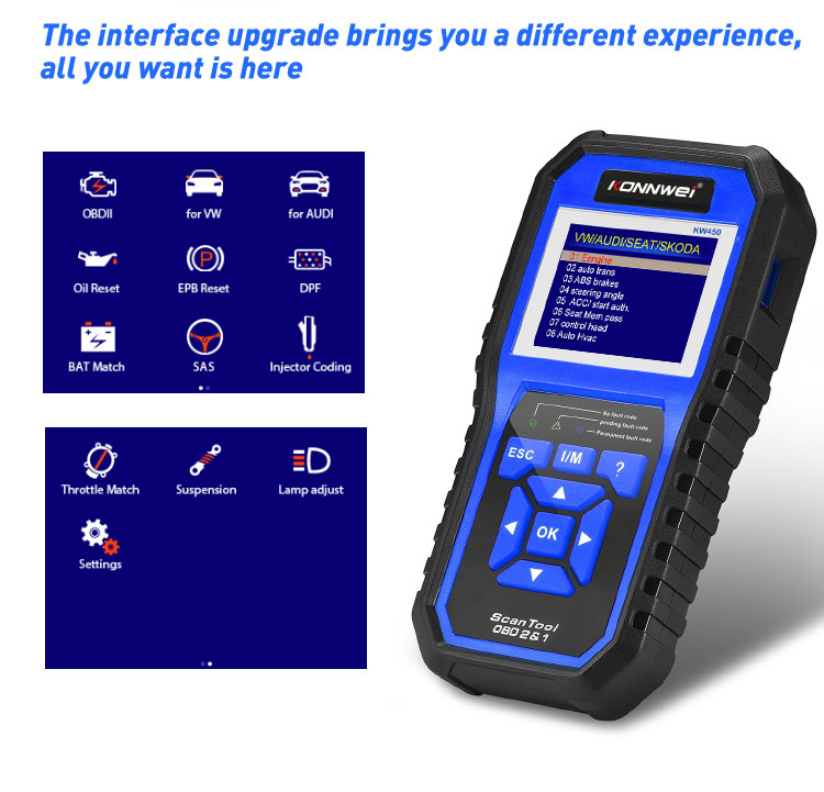 Konnwei KW450 OBDII Scanner Código Reader Motor Leitor de Falhas Scanner de Diagnóstico Para VW Audi Skoda