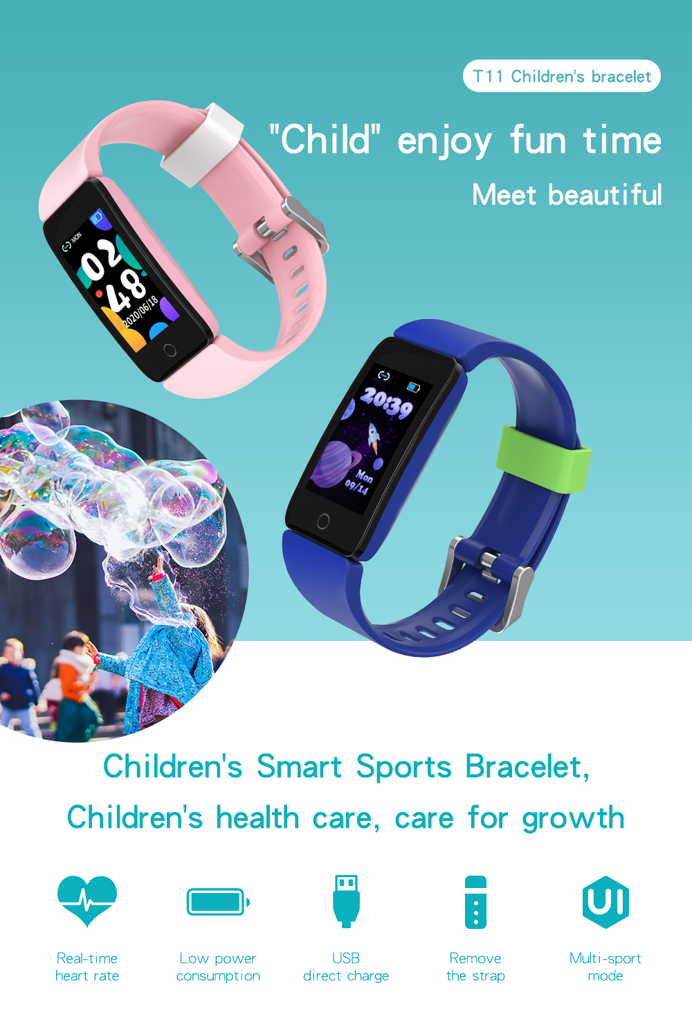 T11 1.08-Zoll-Kinder-Smart Sport-Armband-Gesundheitswesen Smart Watch IP68 Wasserdicht - Blau