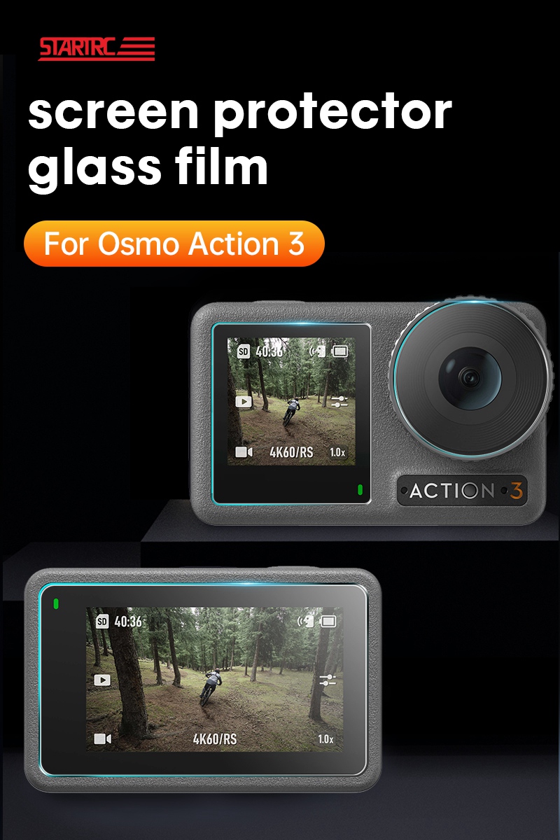 Startrc 2 Set Film di Protezione Per DJI Osmo Action 3, Lice Per Telecamera in Vetro Temperato Antidolico ad Alta Durezza + Schermata Principale + Protezione Dello Schermo Anteriore