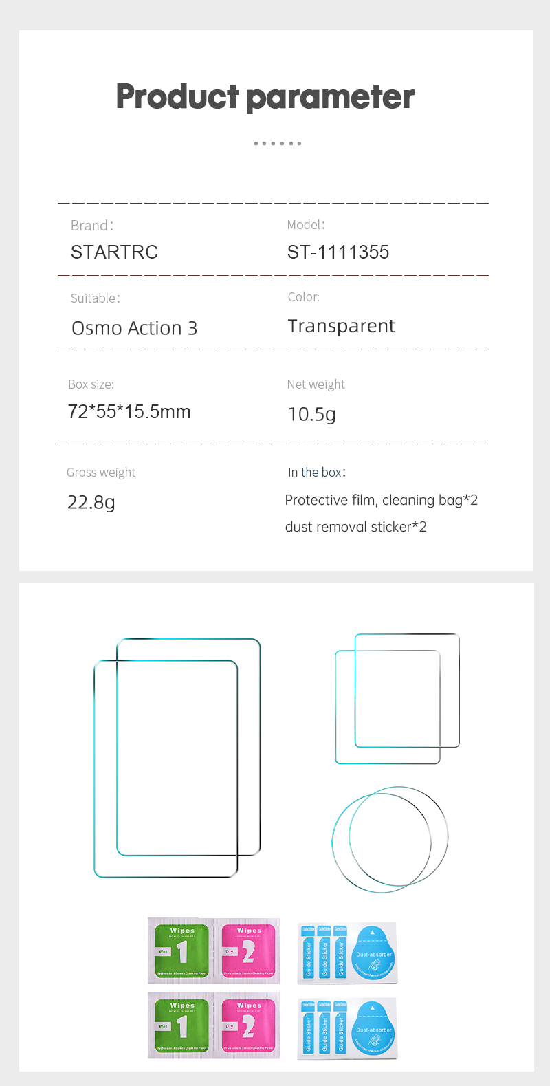 Startrc 2 Set Film di Protezione Per DJI Osmo Action 3, Lice Per Telecamera in Vetro Temperato Antidolico ad Alta Durezza + Schermata Principale + Protezione Dello Schermo Anteriore