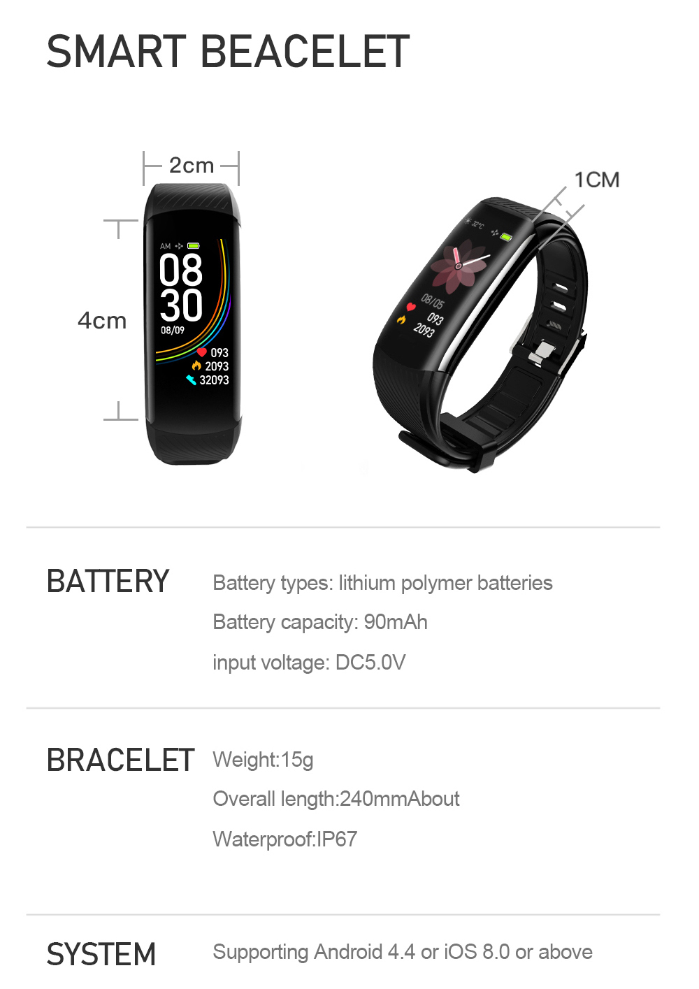 LEMONDA SMART C6T Sports Watch 0.96'' Color Screen Smart Watch with Temperature Monitoring HR Fitness Bracelet IP67 Waterproof - White