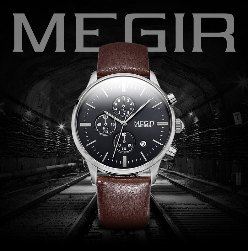 Megir Luminoso Sport Impermeabile al Quarzo Orologio Vera Fascia in Pelle Vera - Marrone