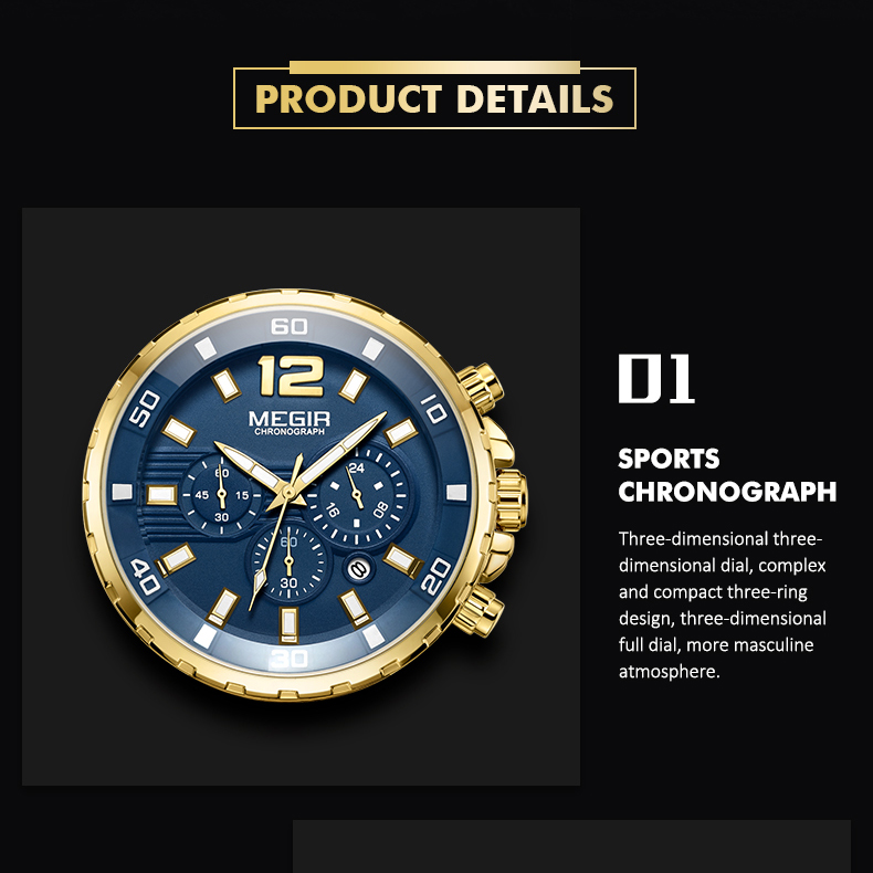 Megir Hombres Impermeables Cronógrafo Reloj De Pulsera De Cuarzo Banda De Acero - Azul / Oro