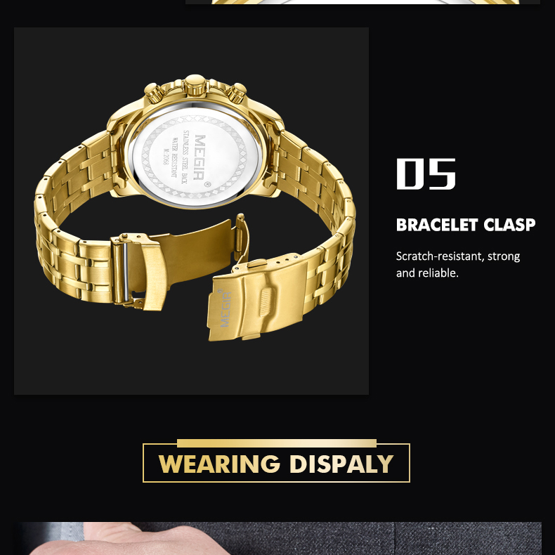 Megir Hombres Impermeables Cronógrafo Reloj De Pulsera De Cuarzo Banda De Acero - Azul / Oro