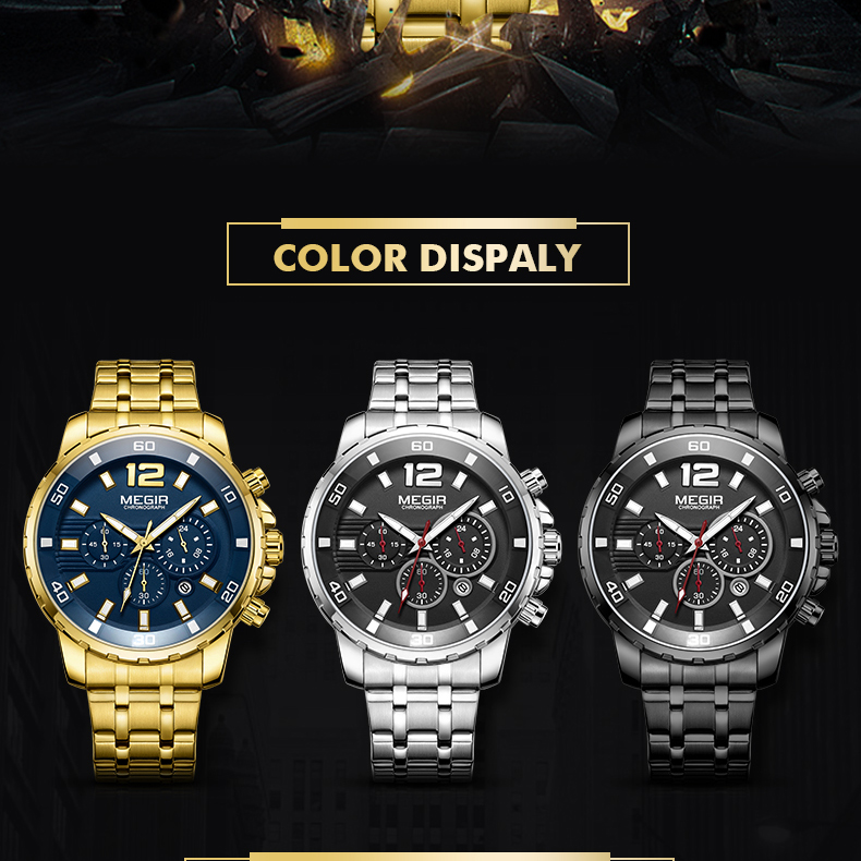 Megir Hombres Impermeables Cronógrafo Reloj De Pulsera De Cuarzo Banda De Acero - Azul / Oro