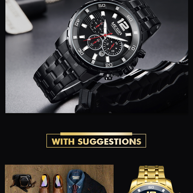 Megir Hombres Impermeables Cronógrafo Reloj De Pulsera De Cuarzo Banda De Acero - Azul / Oro