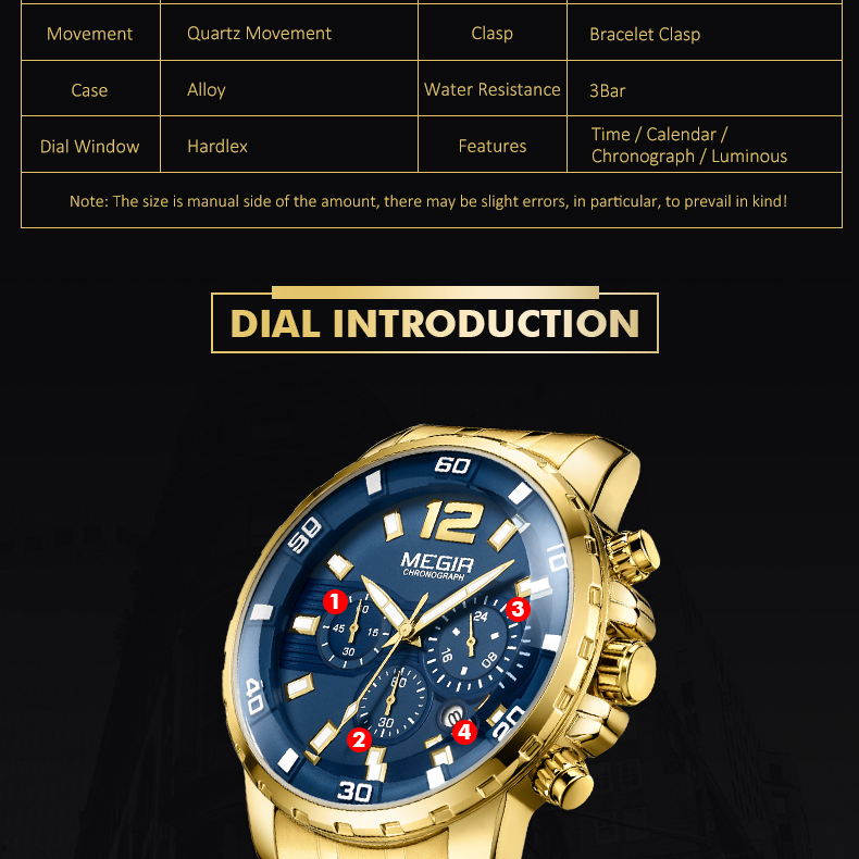 Megir Hombres Impermeables Cronógrafo Reloj De Pulsera De Cuarzo Banda De Acero - Azul / Oro