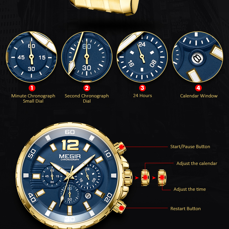 Megir Wasserdichte Männer Chronograph Quarz Armbanduhr Stahlband - Blau / Gold