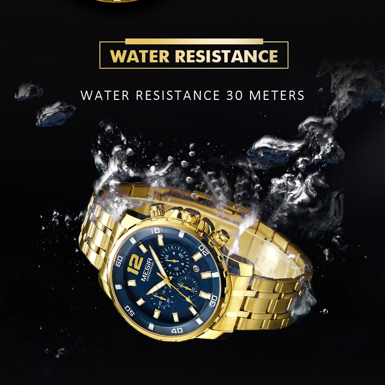 Megir Wasserdichte Männer Chronograph Quarz Armbanduhr Stahlband - Blau / Gold