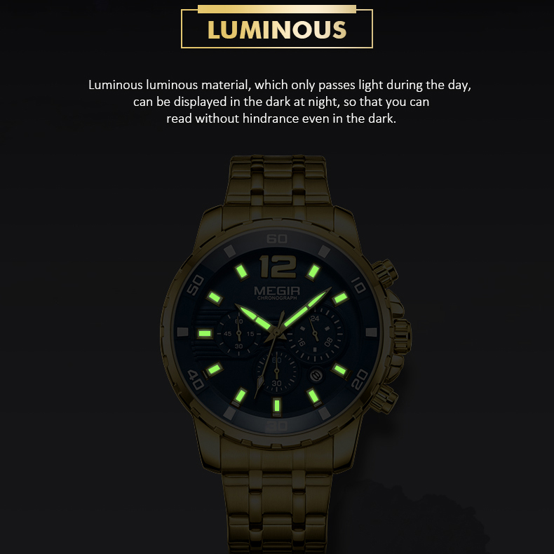 Megir Hombres Impermeables Cronógrafo Reloj De Pulsera De Cuarzo Banda De Acero - Azul / Oro