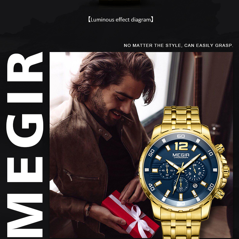 Megir Hombres Impermeables Cronógrafo Reloj De Pulsera De Cuarzo Banda De Acero - Azul / Oro