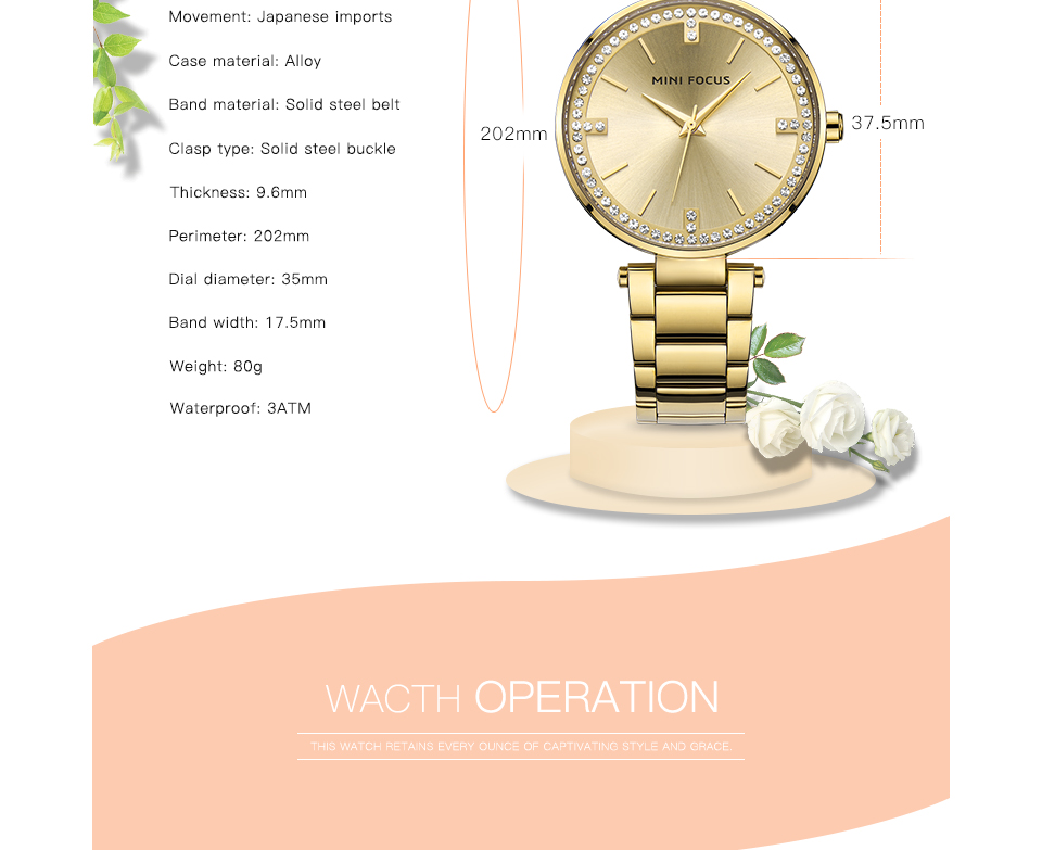 Mini Focus 0031L Women's Ratch Wrist Watch Watch Aloy Band Waterproof Watch - Oro Rosa