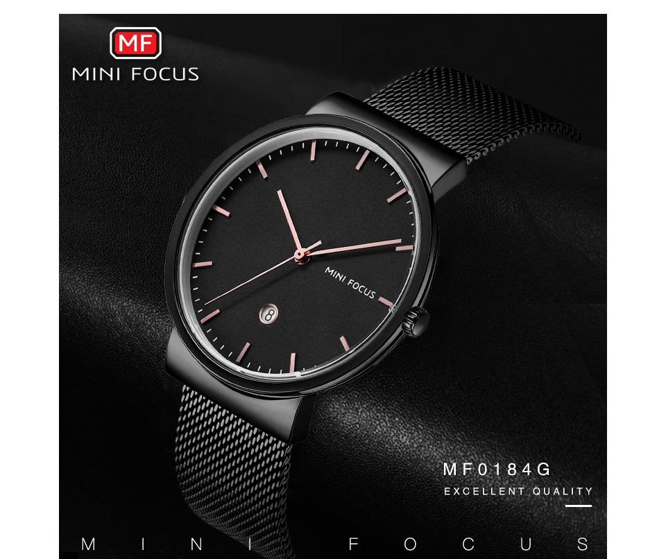 Mini Enfoque Hombres Reloj De Cuarzo Calendario Impermeable Tirador De Metal Transpirable Hombres Reloj De Pulsera - Negro