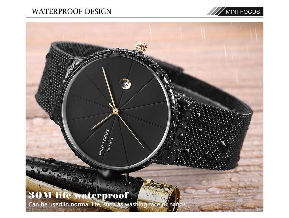 Mini Focus Luxury Fashion Watches Watch Watch Watch Ultra Thin Mesh Strap Indicador de Fecha Automática Indicador - Negro