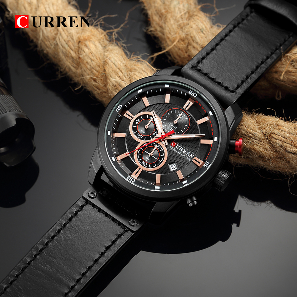 Curren Men Motorlable Watch Quartz de 6 Pinos Respairio - Preto