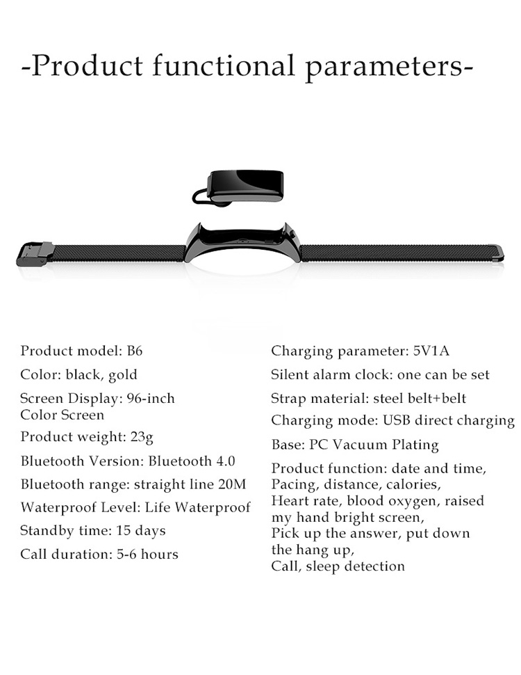 B6 2-in-1 Braccialetto Intelligente + Auricolare Bluetooth Con Cardiofrequenzimetro Per La Pressione Del Monitor Della Pressione Del Monitor Della Pressione Del Monitor Vigilanza Sportiva - Nero