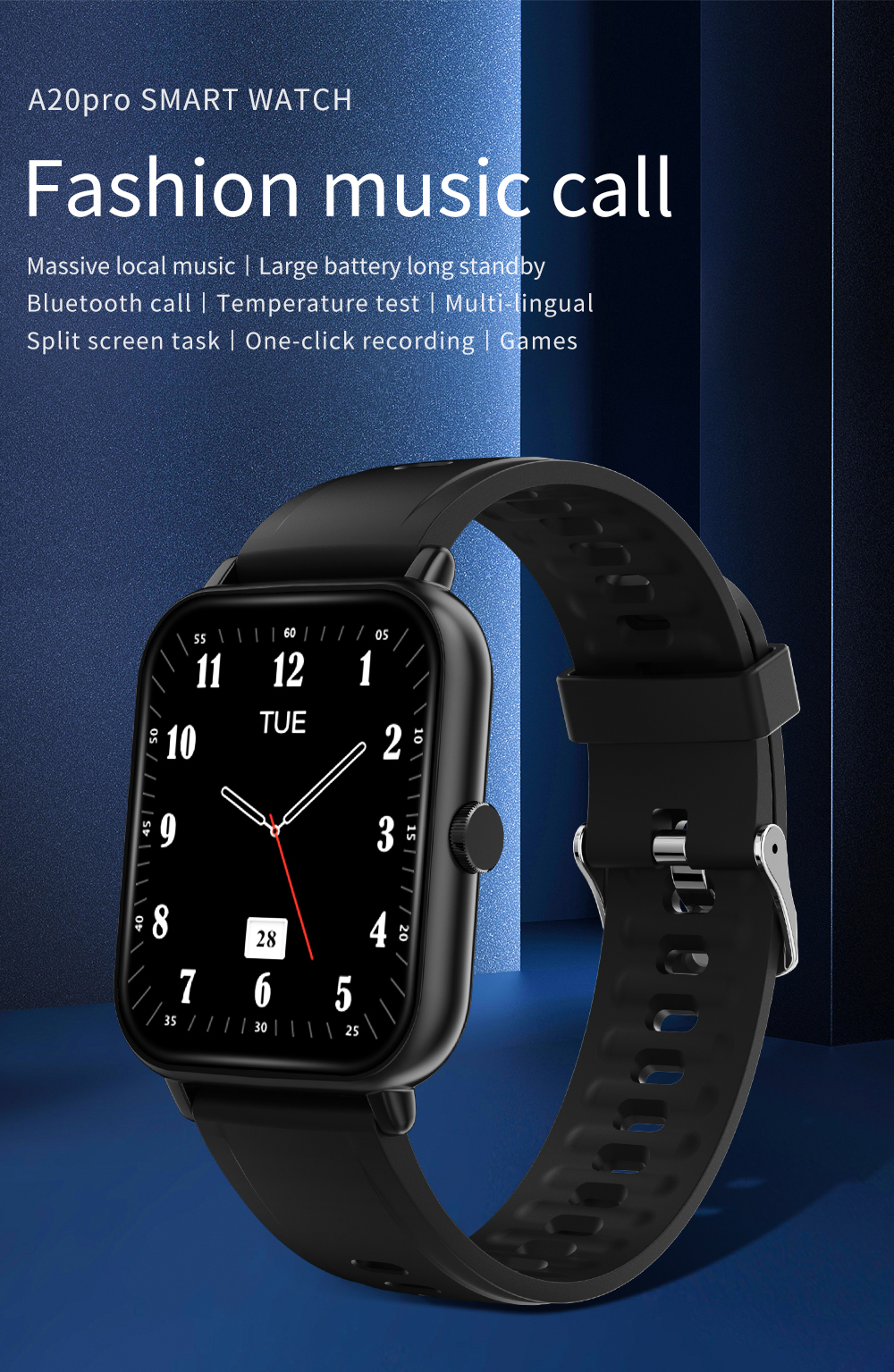 A20 Pro Bluetooth Call Smart Watch Music Player Temperature Temperature Fitness Health Tracker - le Noir