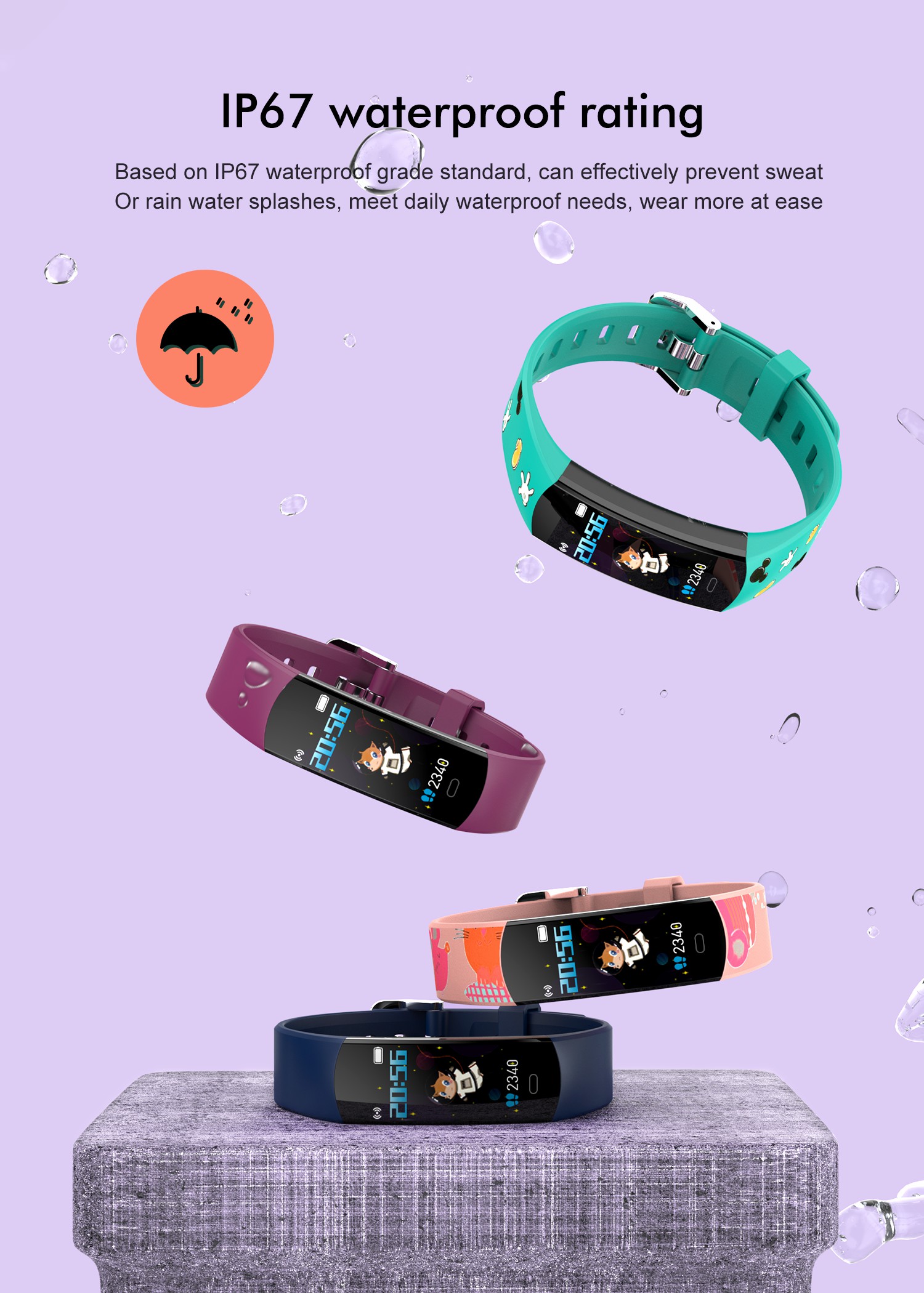 C07Q Niños Sports Smart Wallband IP67 Temperatura Corporal Impermeable Velocidad Cardíaca Monitor de Presión Arterial Rastreador de Actividades Pulseras - Violeta