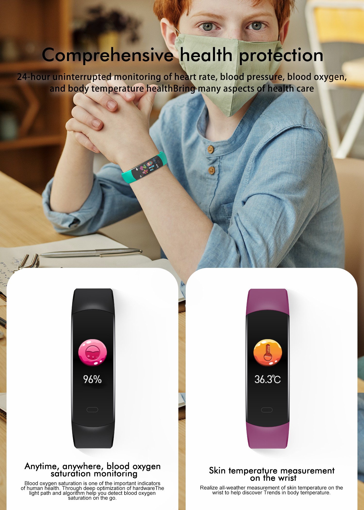 C07Q Children Sports Smart Wristband IP67 Waterproof Body Temperature Heart Rate Blood Pressure Monitor Activity Tracker Bracelet - Black