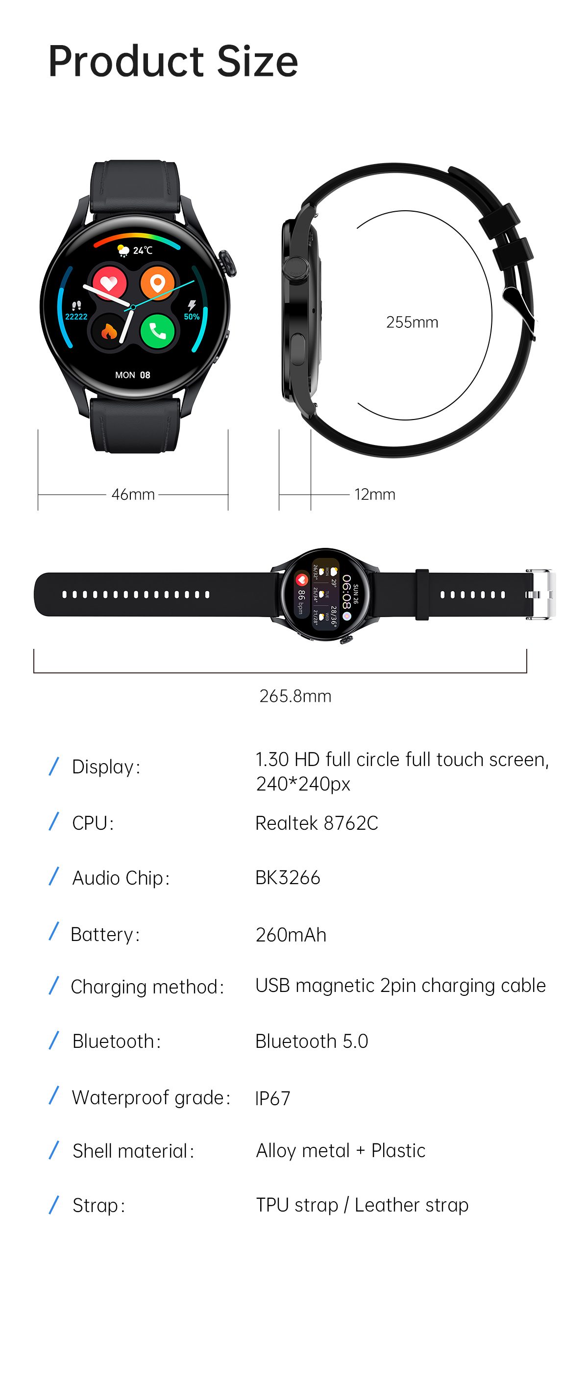 T33S Tpu Tira Redonda Relógio Inteligente Relógio à Prova D'água Chamando Temperatura Corporal Sono Sleep Health Sports Sports Smart Bracelet - Céu Azul