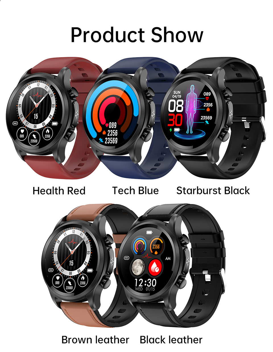 E400 1,39 Pouces Smart Watch IP68 Bracelet Sportif Imperméable Ecg + Ppg Watch Avec Température Corporelle et Surveillance de L'oxygène Sanguin (sangle en Cuir) - Brun