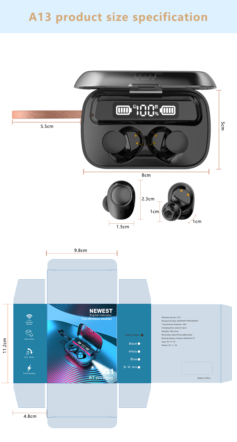 A13 TWS Bluetooth In-oreau Étanche Écran à Trois Chiffres Avec Boîte de Chargement