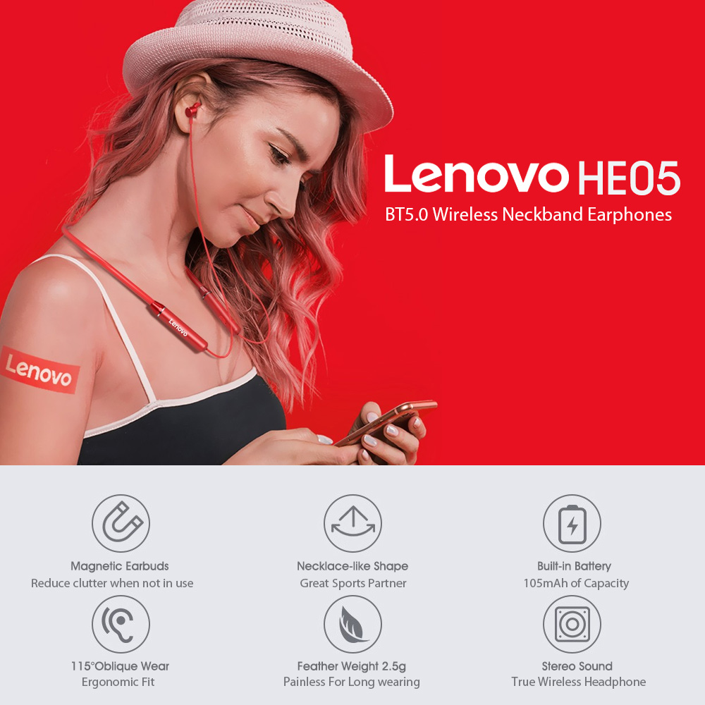 Lenovo HE05 Halsband Kopfhörer Bluetooth Headsets Rauschreduktion IPX5 Wasserdichtes Sport -ohrhörer - Schwarz